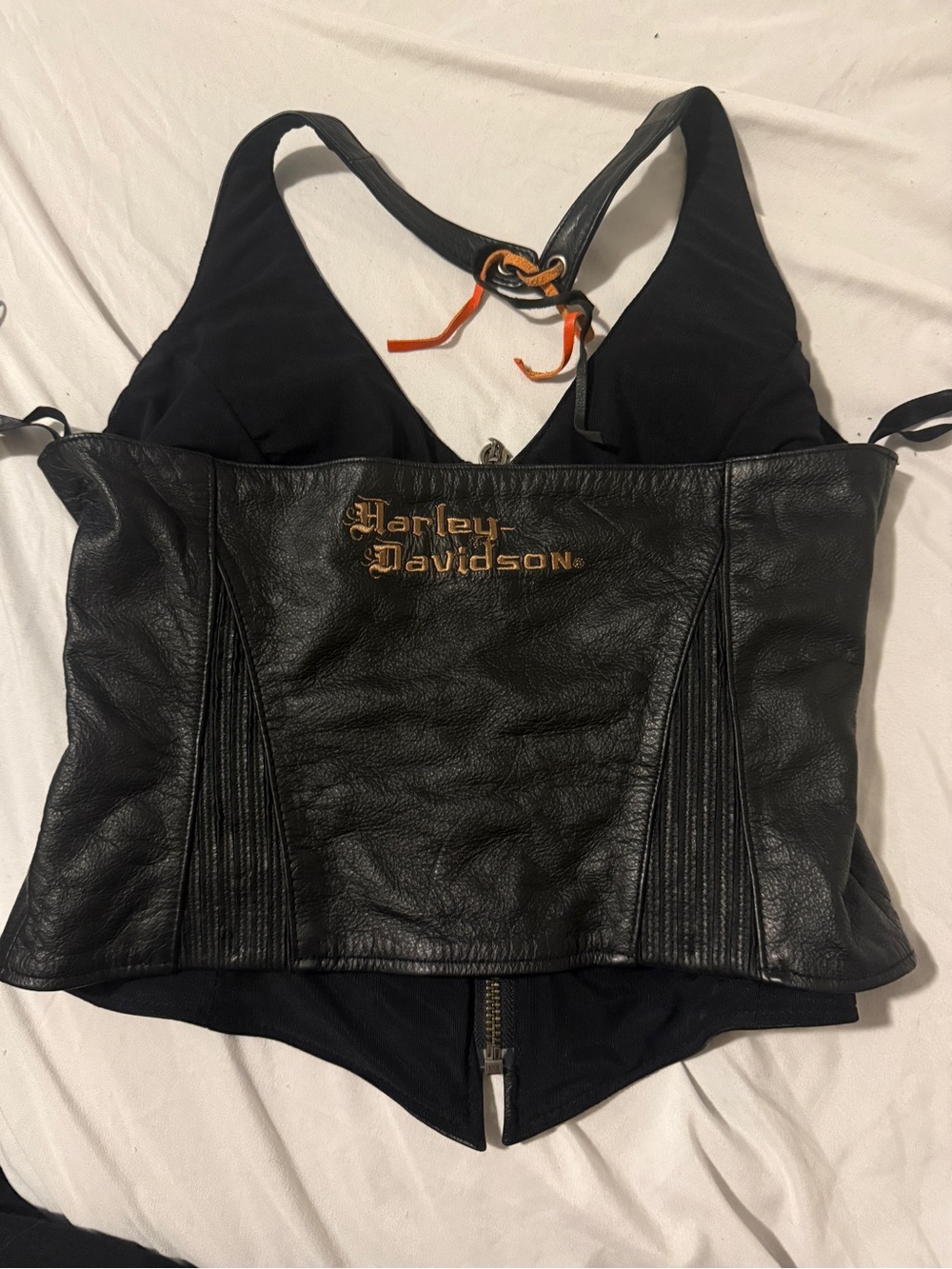 Harley-Davidson Black Leather Halter Top with Gold Embroidered Crest - Picture 3 of 4